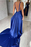 Royal Blue V Neck Long Evening Dress with Split Mermaid BM bride