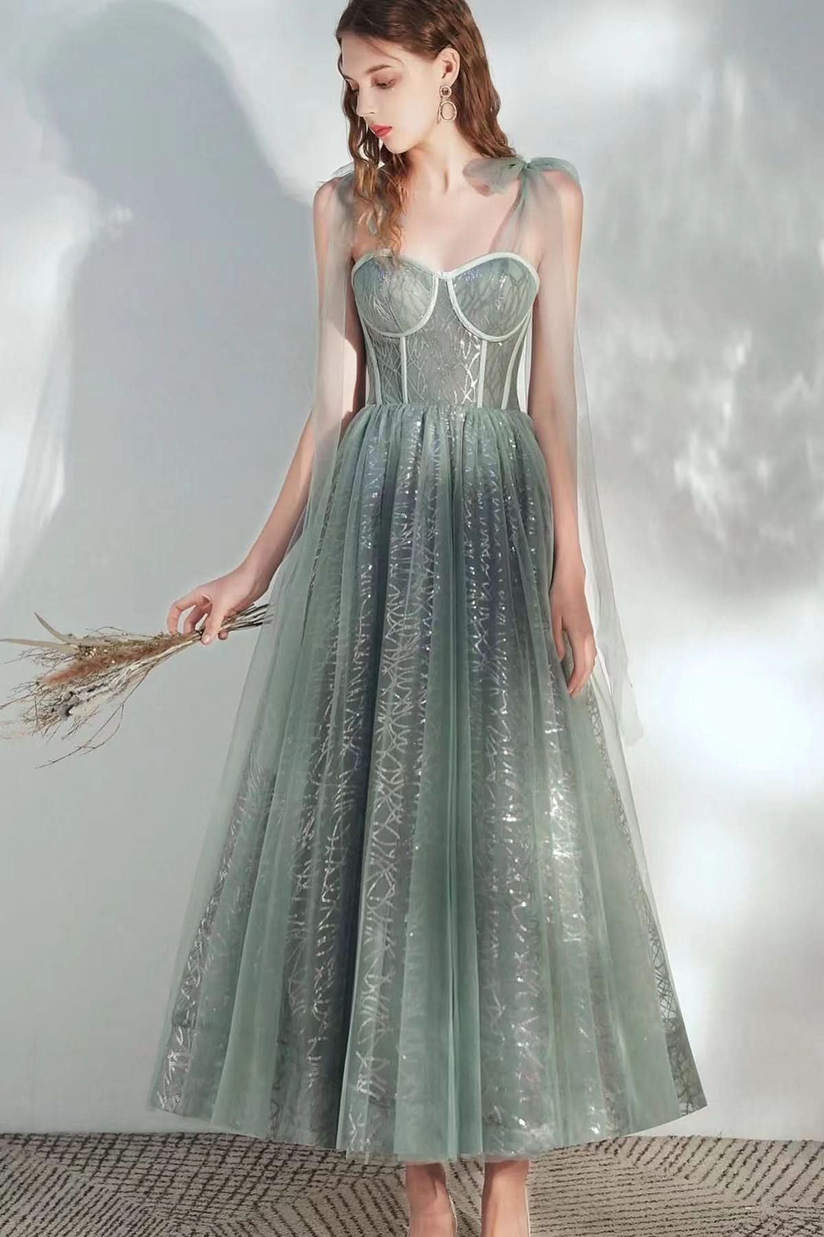 Elegant Sweetheart Strapped A-Line Sequined Prom Dress with Tulle BM bride