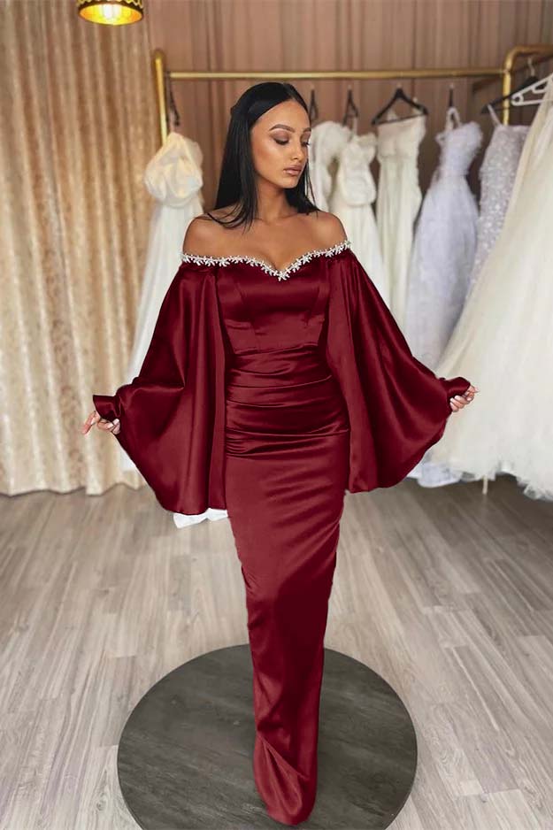 Off the Shoulder Long Sleeves Pleated Long Prom Dress With Beading BMBRIDE