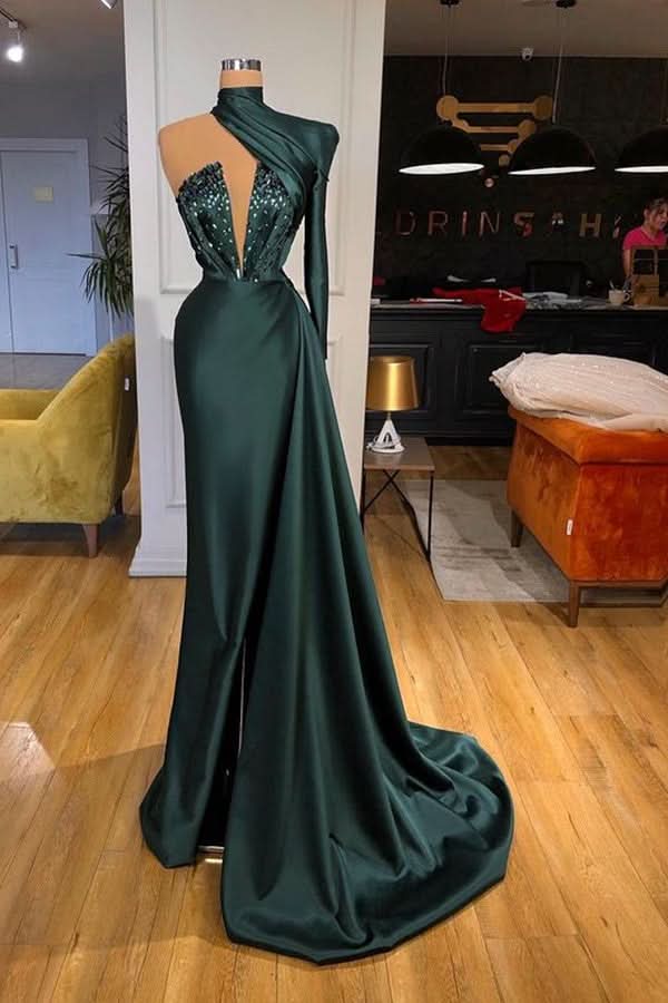 Dark Green One Shoulder Long Prom Dress with Sequins BM bride