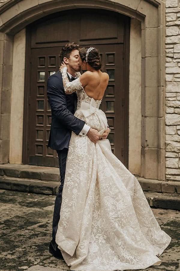 Off-the-Shoulder Long Sleeve A-Line Wedding Dress with Bow and Lace BM bride