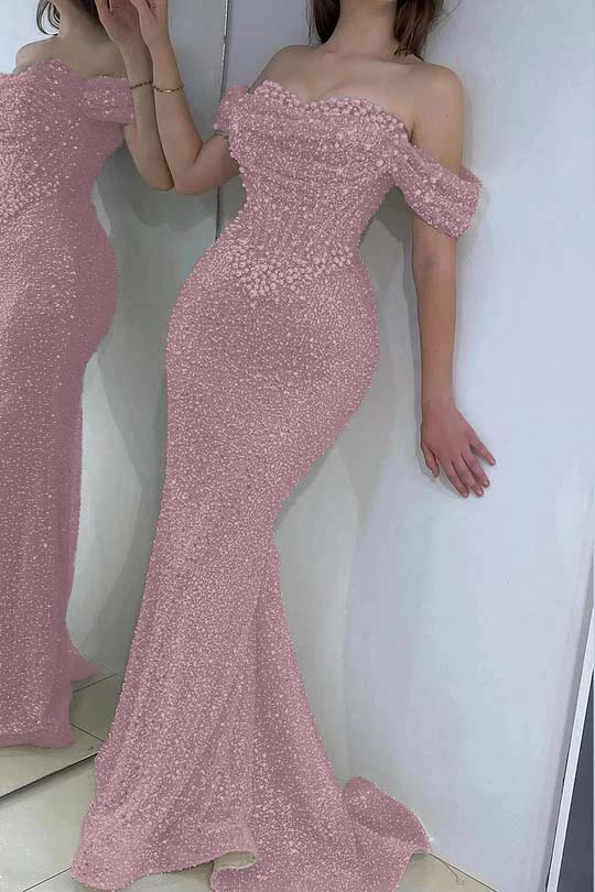 Off the Shoulder Strapless Sleeveless Long Prom Dress With Sequins BMBRIDE
