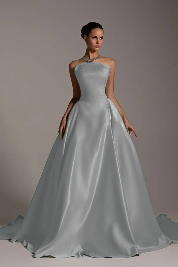 Chic Strapless Sleeveless A Line Long Prom Dress With Pleated BMBRIDE