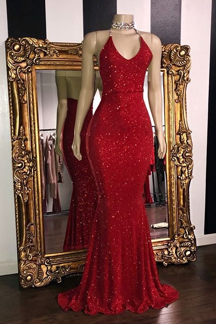 Glamorous Halter Neck Mermaid Sleeveless Red Long Prom Dress With Sequins BMBRIDE