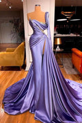Mermaid One Shoulder Long Sleeve Pleated Prom Dress Split With Beadings BMBRIDE