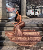Sequins Mermaid Prom Dress Spaghetti-Straps BM bride