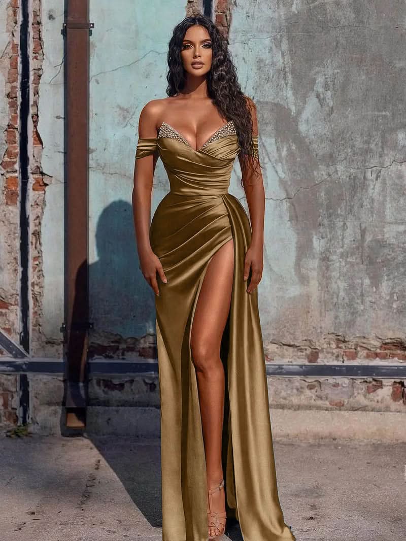 Dusty Blue Off-the-Shoulder Mermaid Prom Dress with Slit BM bride