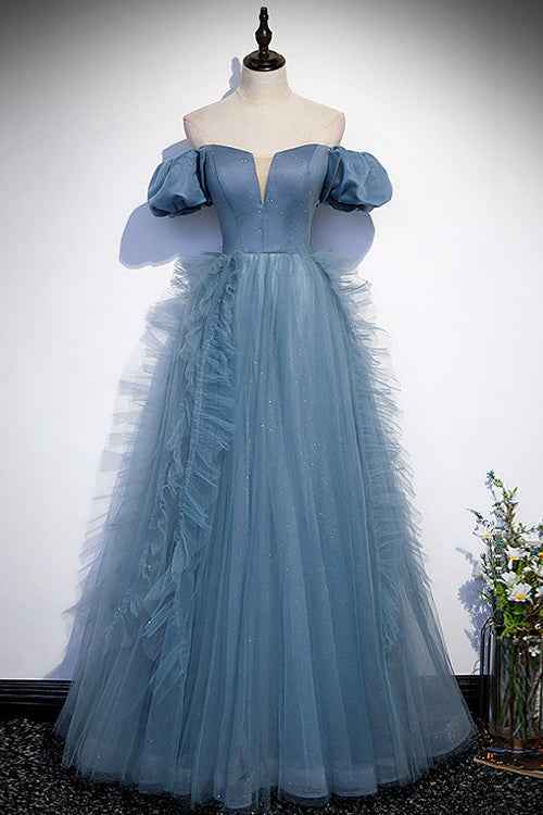Gorgeous Dusty Blue Off the Shoulder Strapless Long Prom Dress Tulle