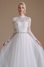 Modest A-Line High Neck Long Sleeve Wedding Dress with Tulle Lace BM bride