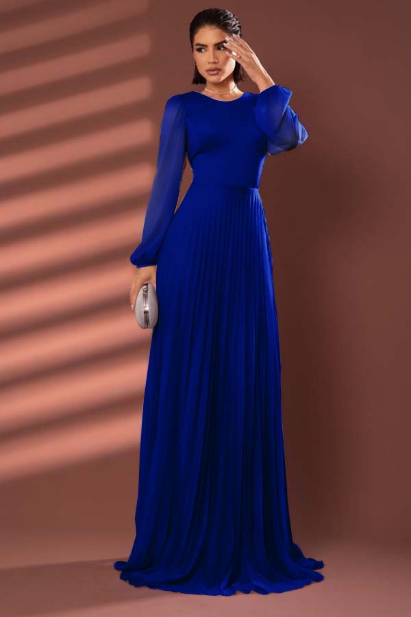 Chiffon Jewel Neck Long Sleeves Long Prom Dress With Pleated BMBRIDE