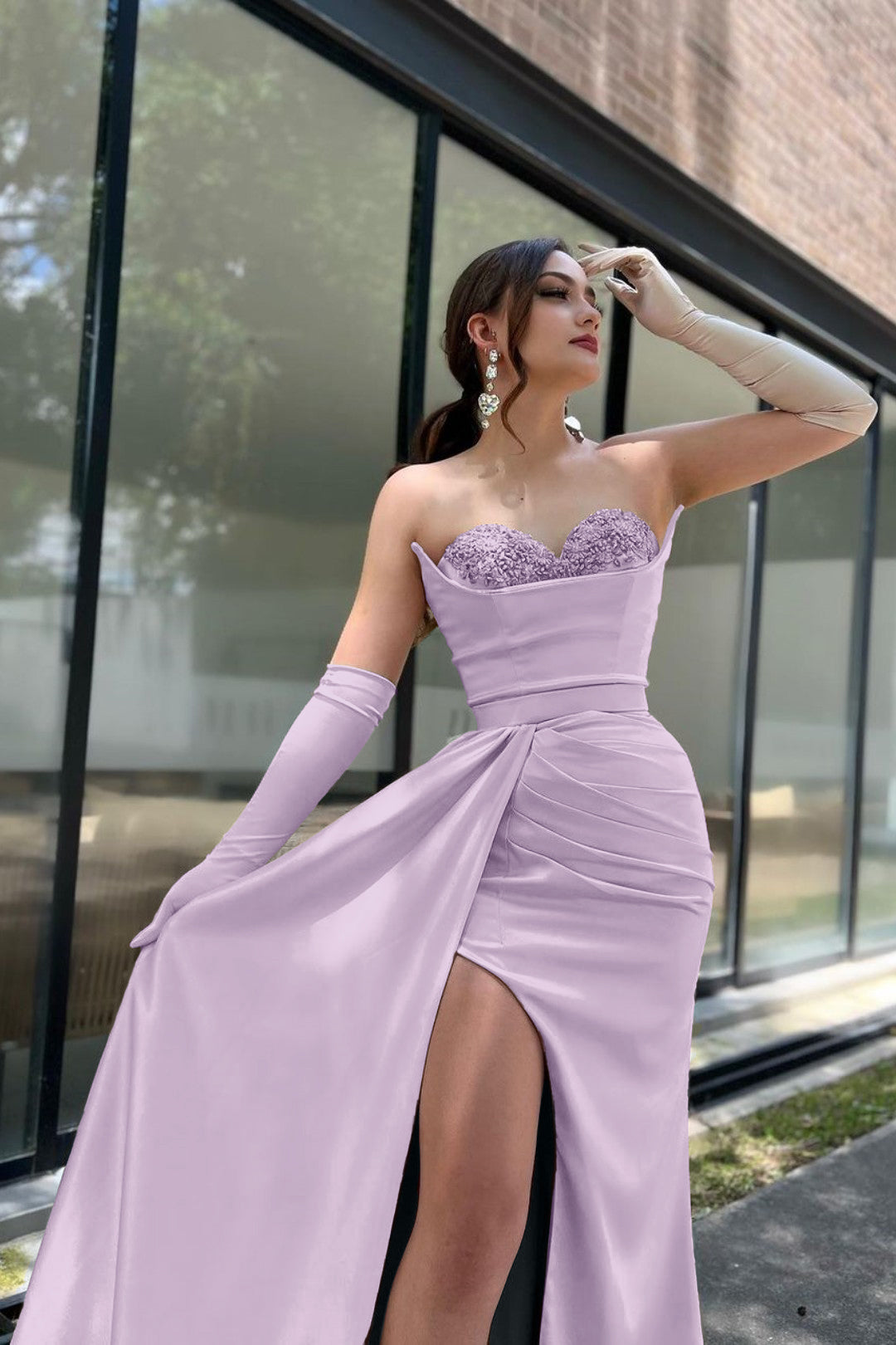 Prom Dress Sleeves Champagne Sweetheart High Slit With Gloves BMBRIDE