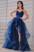Tulle Spaghetti Strap V Neck Sleeveless Front Split Prom Dress With Ruffles