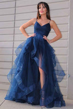 Tulle Spaghetti Strap V Neck Sleeveless Front Split Prom Dress With Ruffles