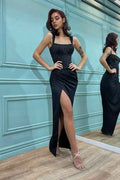 Shoulder Straps Front Split Black Mermaid Prom Dress With Beading