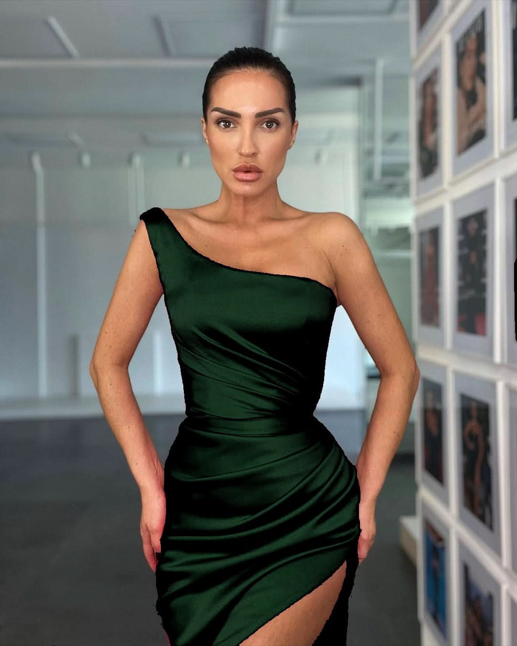 Elegant Rose One Shoulder Evening Dress with Sleeveless and Slit BM bride