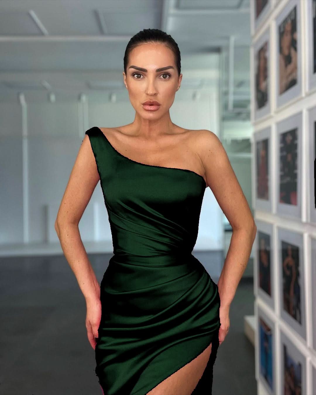 Elegant Rose One Shoulder Evening Dress with Sleeveless and Slit BM bride