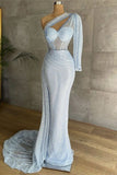 One Shoulder Sequins Mermaid Evening Dress with Long Sleeve BM bride