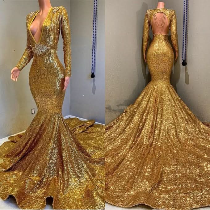 Gold Long Sleeves V-Neck Mermaid Prom Dress with Applique BM bride