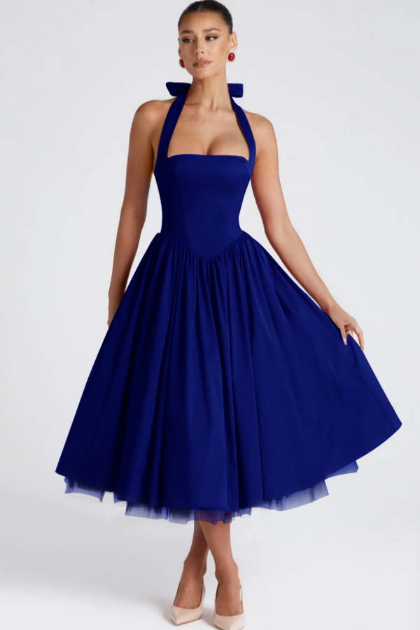 Halter Sleeveless Long A Line Prom Dress With Pleated Tulle BMBRIDE
