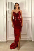 Burgundy Prom Dress, V-Neck Sequins, Mermaid BM bride