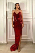 Burgundy Sleeveless Prom Dress V Neck Sequins Heary Mermaid