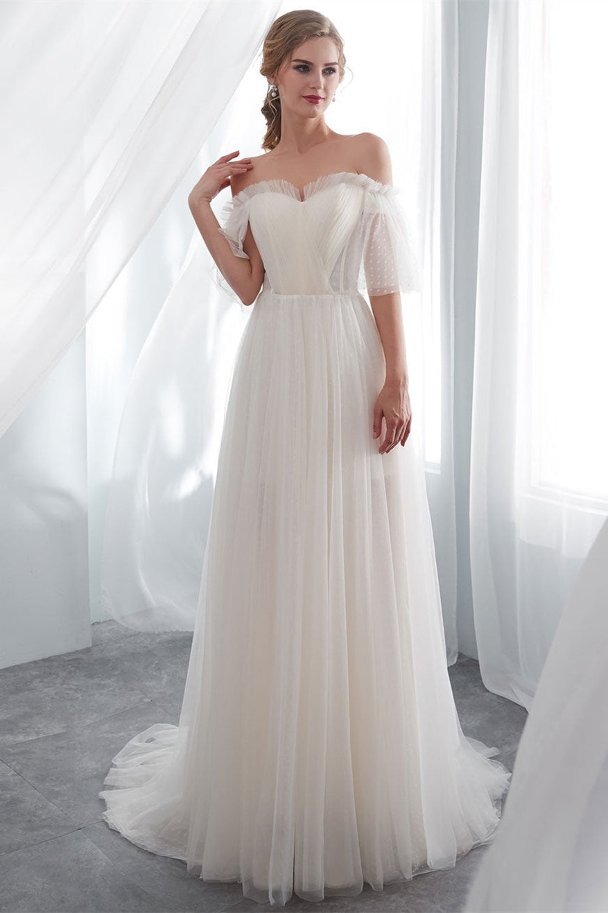 Off-the-Shoulder Tulle Beach Wedding Dress BM bride