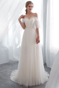 Off-the-Shoulder Tulle Beach Wedding Dress BM bride
