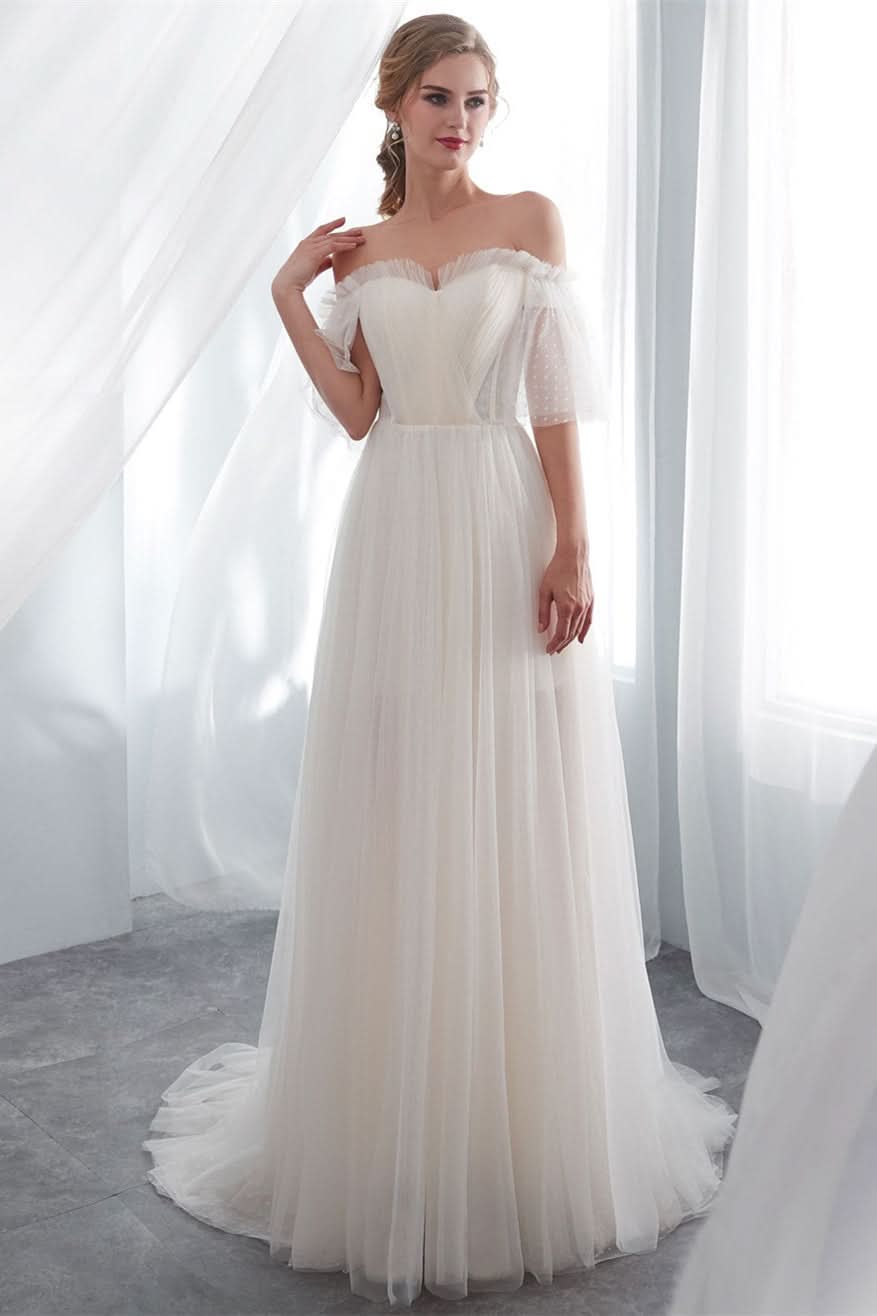 Off-the-Shoulder Tulle Beach Wedding Dress BM bride