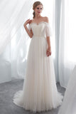 Off-the-Shoulder Tulle Beach Wedding Dress BM bride