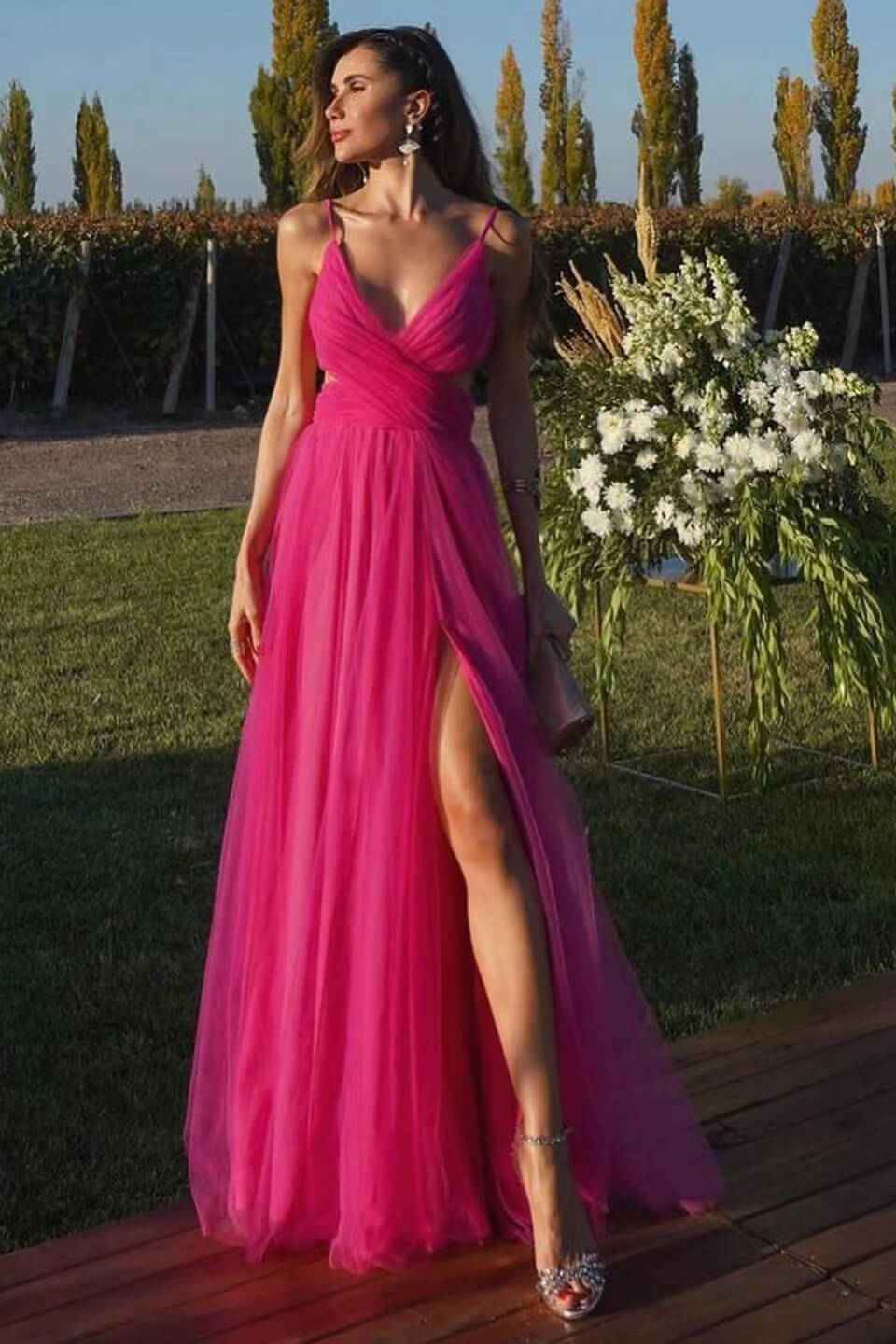 Fuchsia Spaghetti Strap Sleeveless A Line Prom Dress Tulle With Front Split