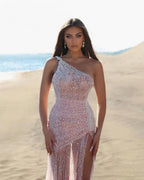 Prom Dress Pink One Shoulder with Beadings, Tassel, High Slit BM bride