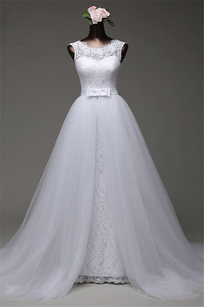 Jewel Sleeveless Lace Long Wedding Dress With Tulle Overskirt BM bride