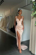 Simple Orange Satin Sleeveless Spaghetti Strap Long Prom Dress With Split
