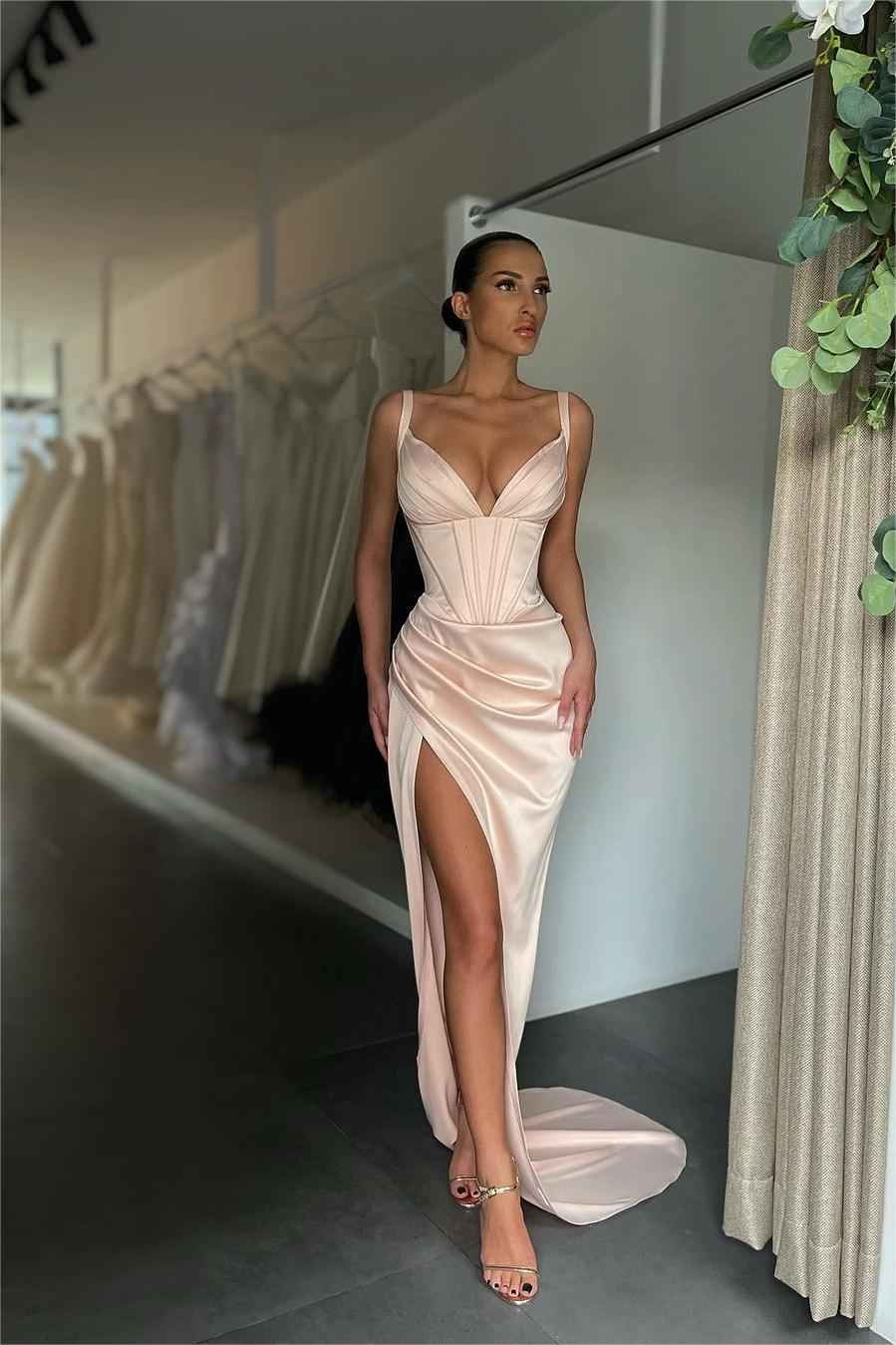Simple Orange Satin Sleeveless Spaghetti Strap Long Prom Dress With Split