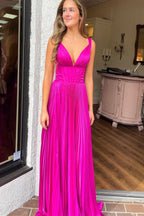 Fuchsia Pleated Long Prom Dress with V-Neck BM bride