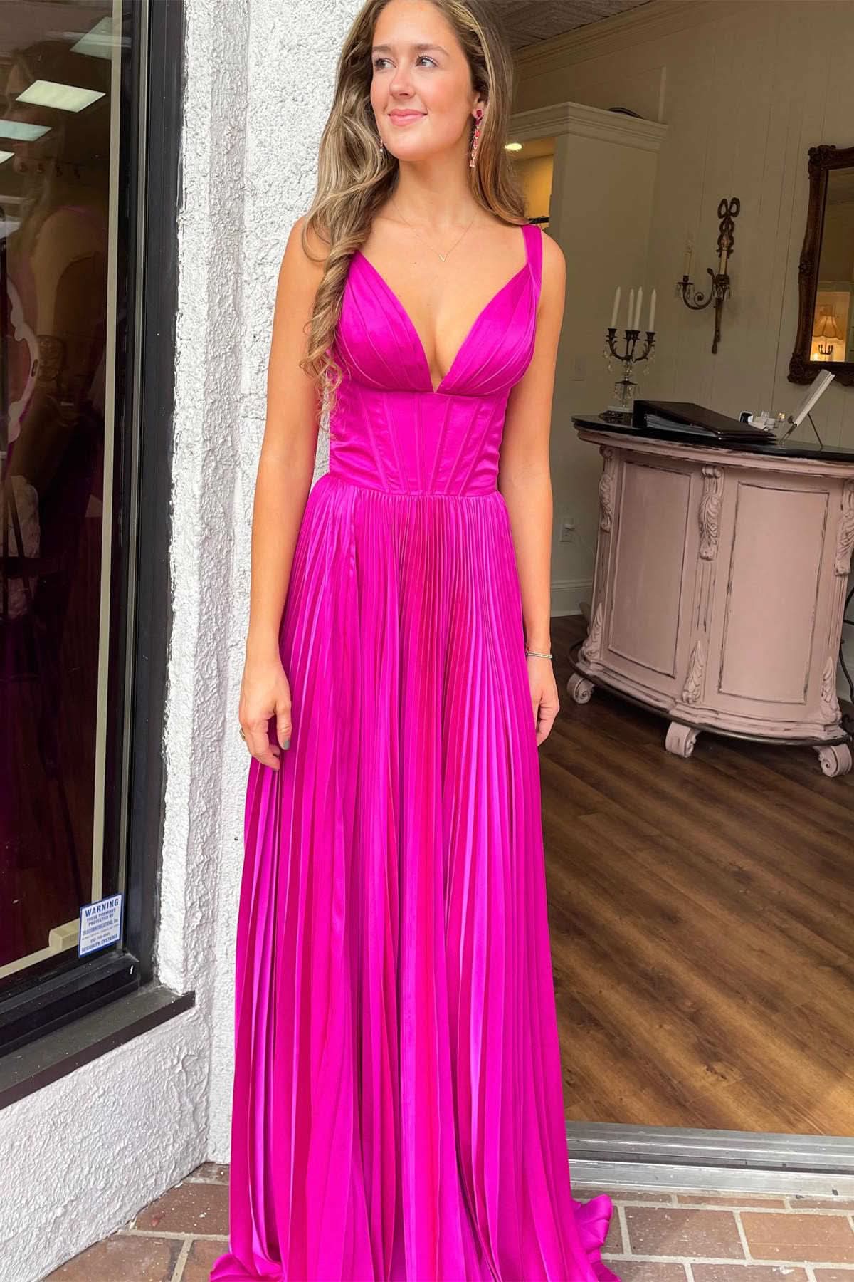 Fuchsia Pleated Long Prom Dress with V-Neck BM bride
