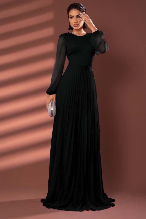 Chiffon Jewel Neck Long Sleeves Long Prom Dress With Pleated BMBRIDE