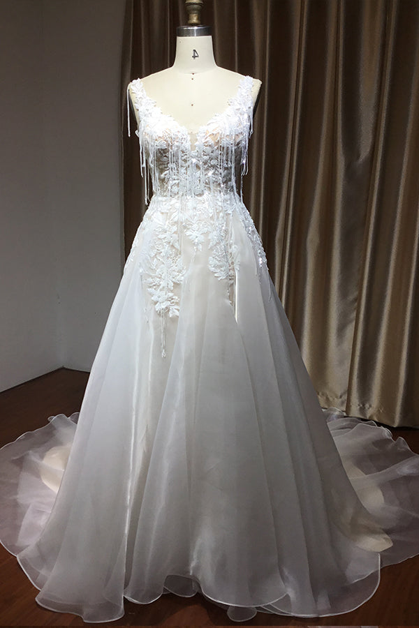 Sleeveless V-Neck Straps A-Line Backless Wedding Dress with Appliques BM bride