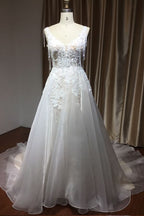 Sleeveless V-Neck Straps A-Line Backless Wedding Dress with Appliques BM bride