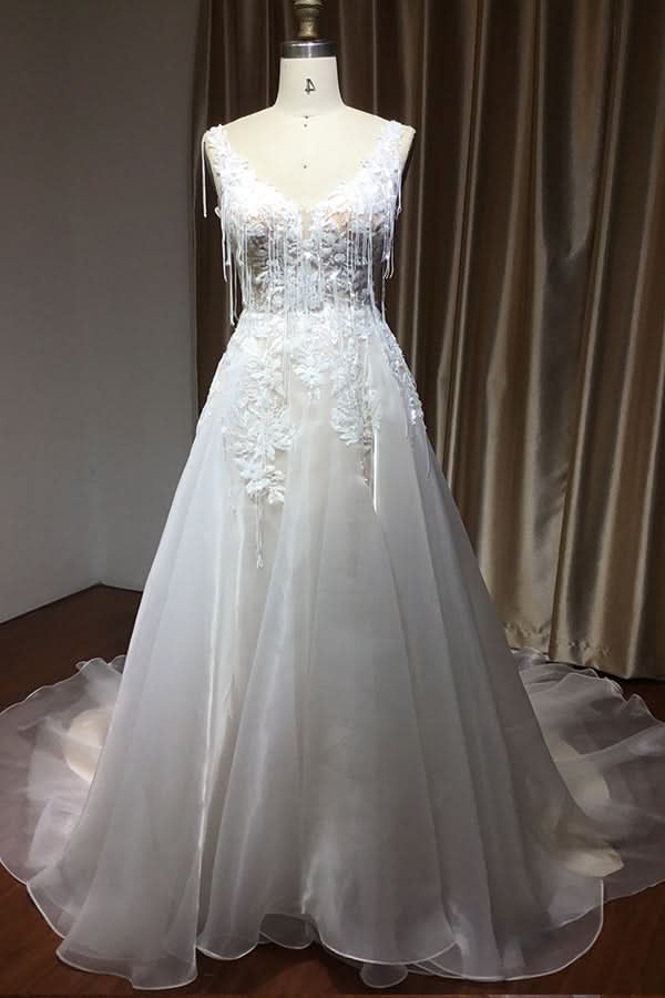 Sleeveless V-Neck Straps A-Line Backless Wedding Dress with Appliques BM bride
