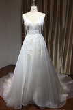 Sleeveless V-Neck Straps A-Line Backless Wedding Dress with Appliques BM bride