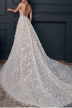 Luxury Long A-line V-neck Lace Wedding Dress With Appliques BM bride