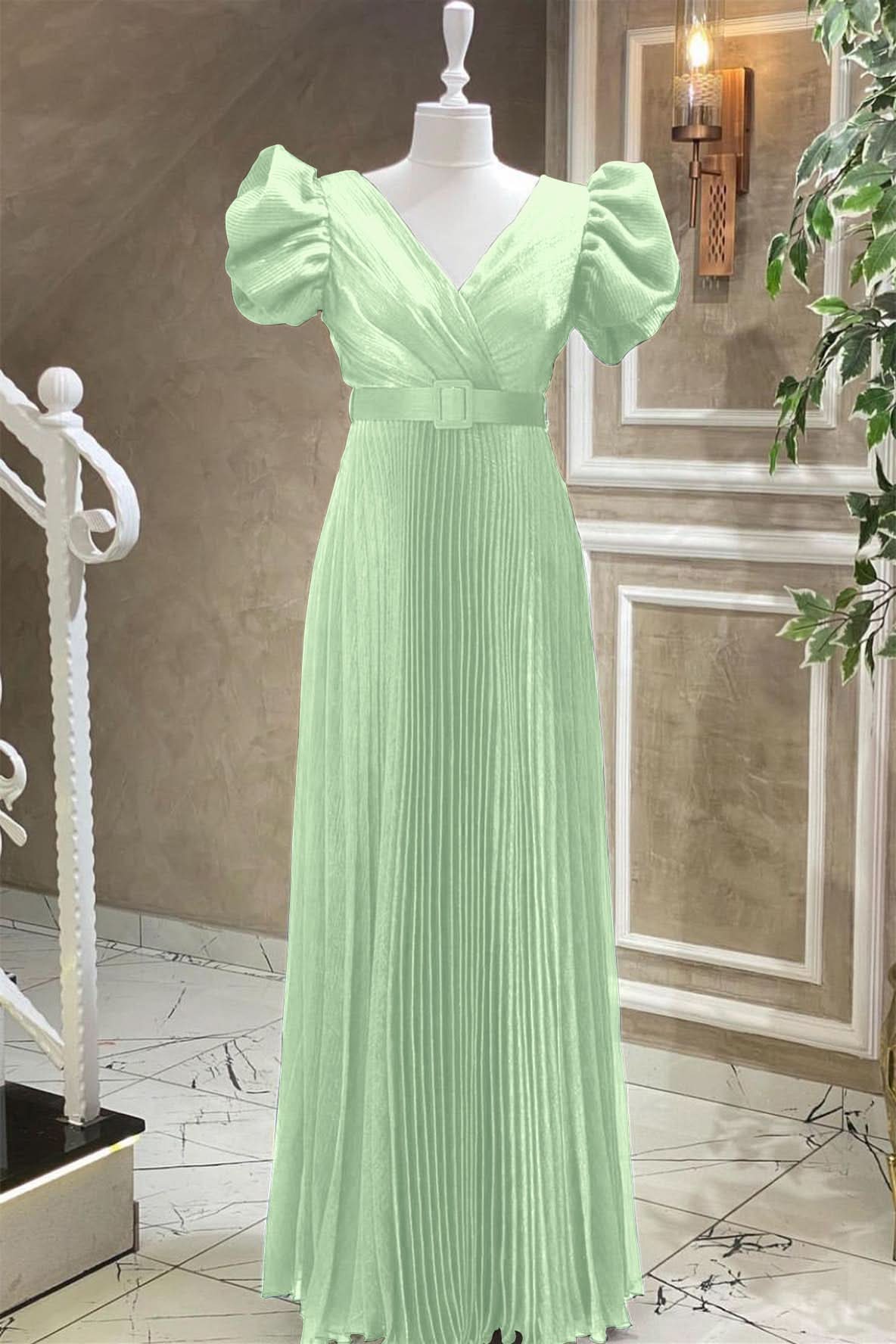 Royal Blue V-Neck Evening Dress with Short Sleeves and Belt Online BM bride