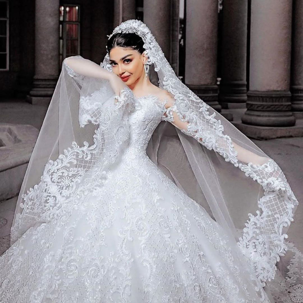 Princess Beaded Applique Long Wedding Dress with Sleeves and Tulle BM bride