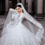 Princess Beaded Applique Long Wedding Dress with Sleeves and Tulle BM bride