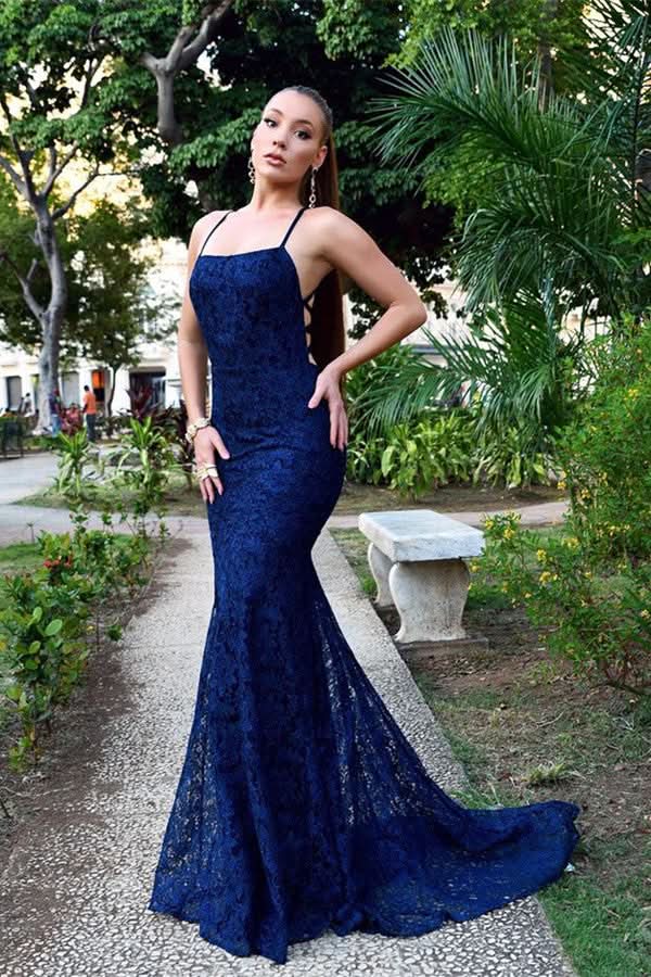Navy Blue Lace Mermaid Evening Dress BM bride