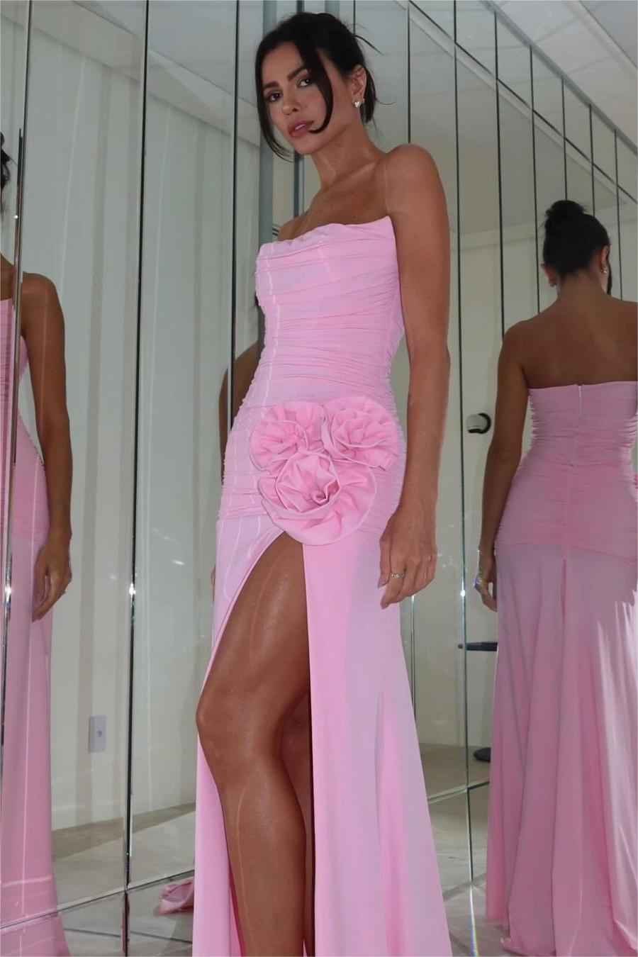 Charming Pink Strapless Sleeveless Pleated Long Prom Dress With High Split