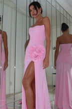Charming Pink Strapless Sleeveless Pleated Long Prom Dress With High Split