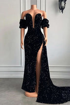 Bubble Sleeves Strapless Mermaid Prom Dress with Split BM bride