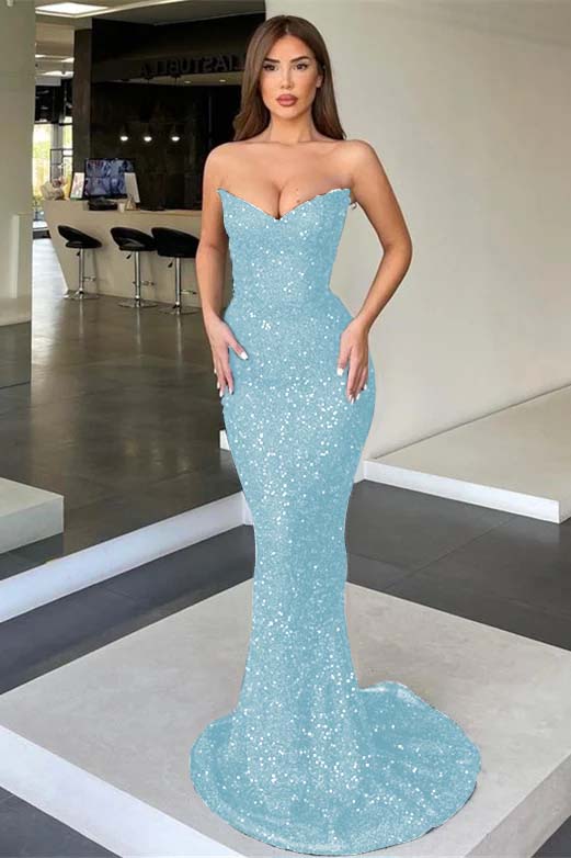 Black Strapless Sleeveless Long Mermaid Prom Dress With Sequins BMBRIDE